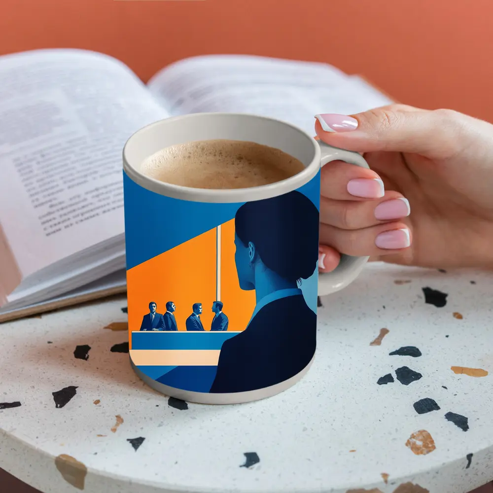 Woman Observing Business Meeting Blue Orange – Mugs