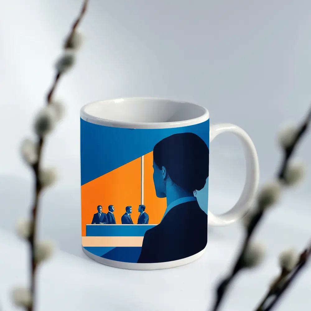 Woman Observing Business Meeting Blue Orange – Mugs