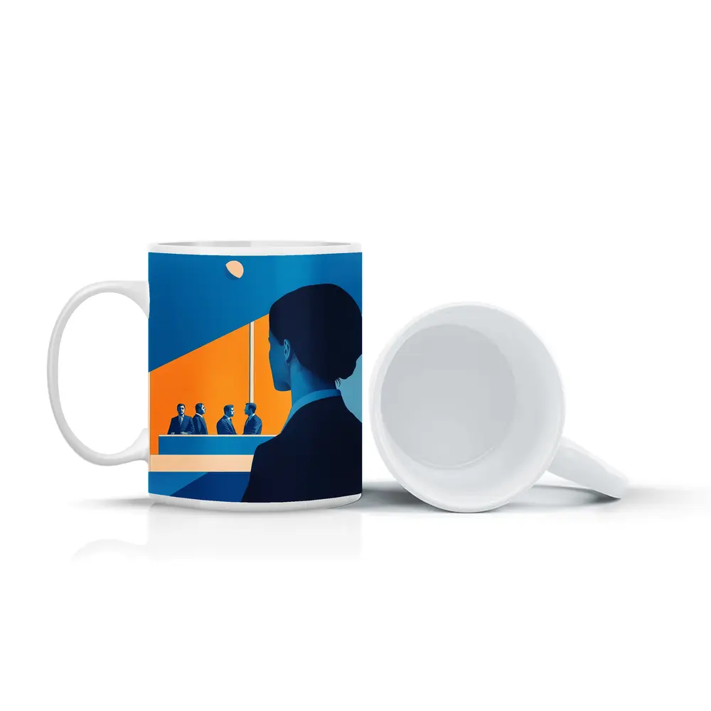 Woman Observing Business Meeting Blue Orange – Mugs