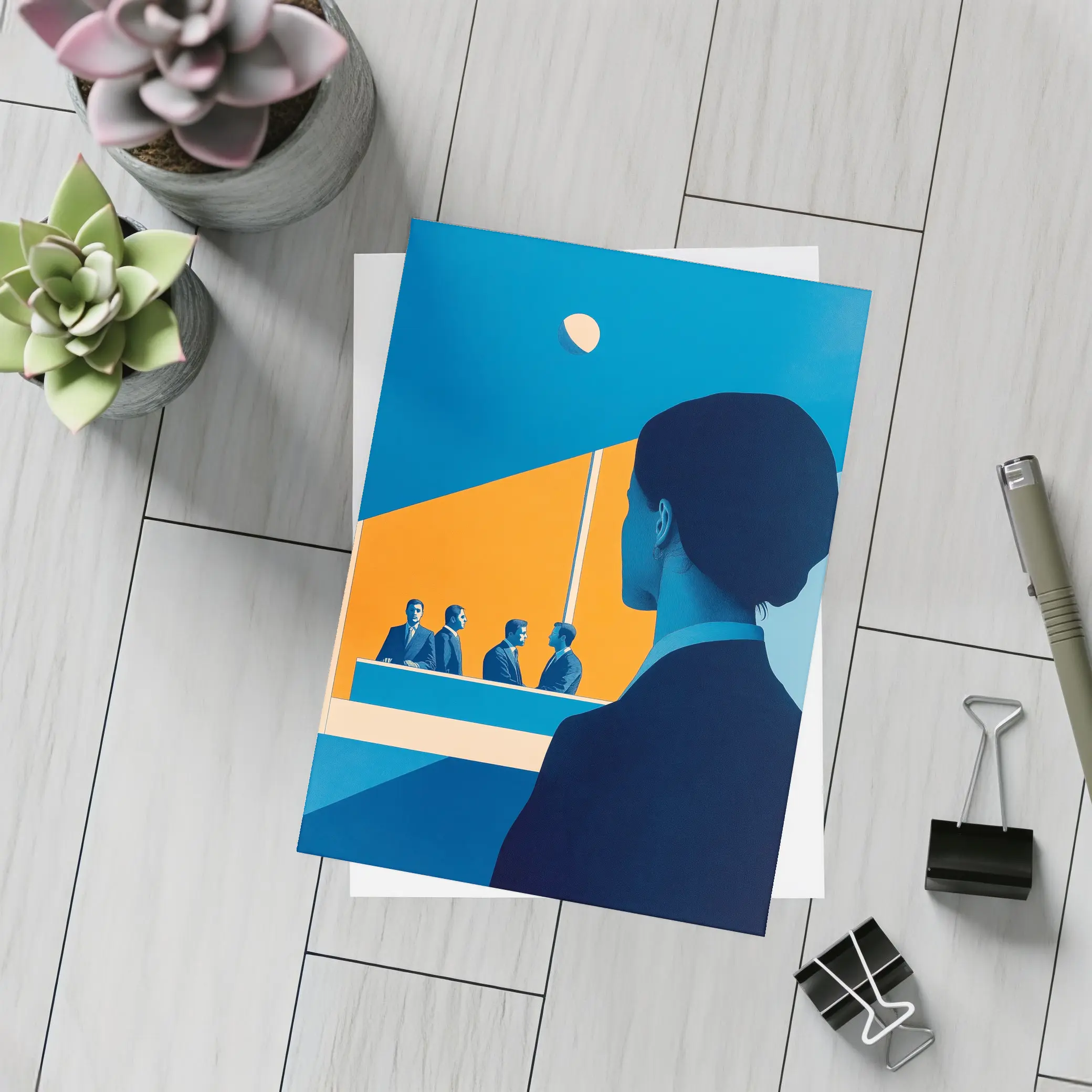 Woman Observing Business Meeting Blue Orange – Postcards