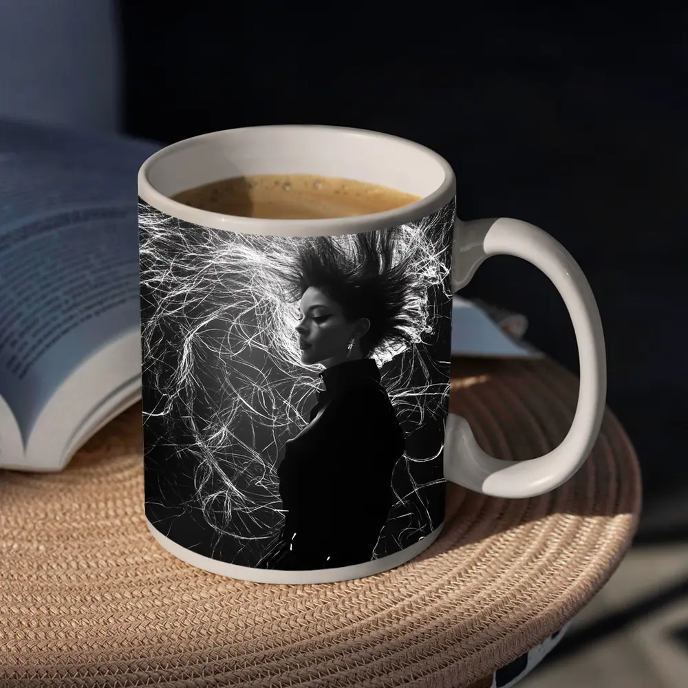 Woman Wild Hair Black White Art Photography – Mugs
