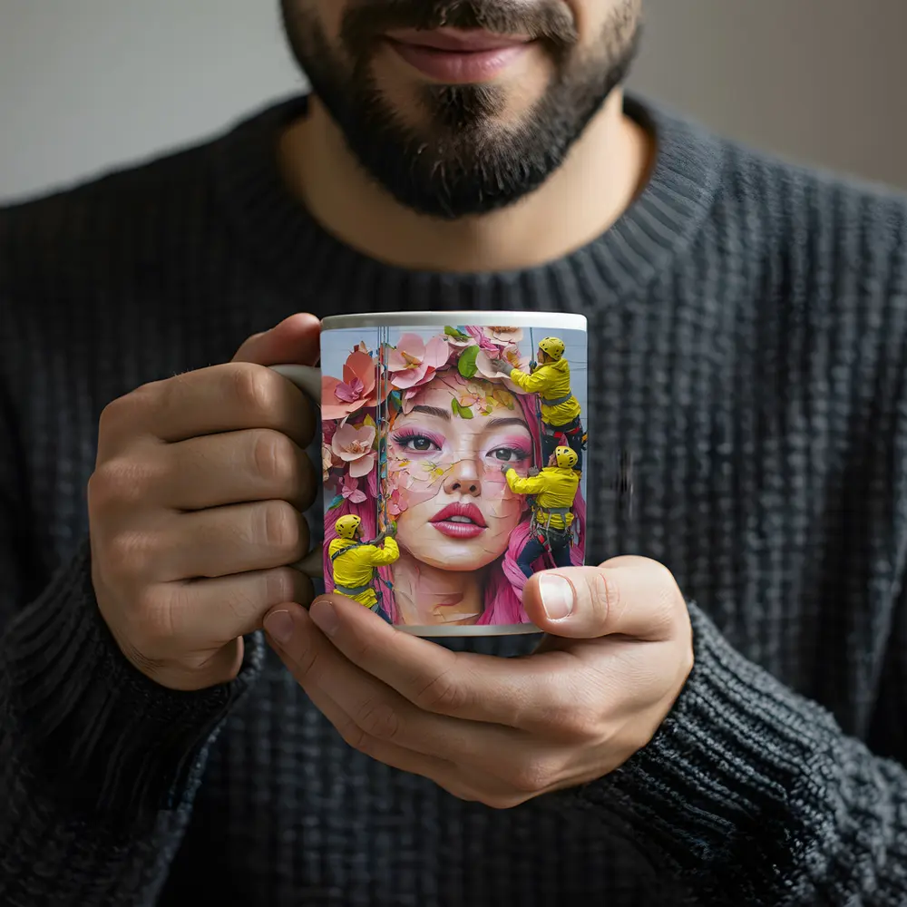 Street Mural Woman Pink Hair Floral Workers – Mugs