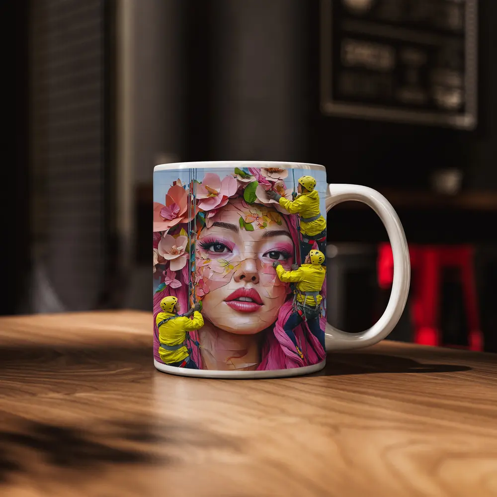 Street Mural Woman Pink Hair Floral Workers – Mugs