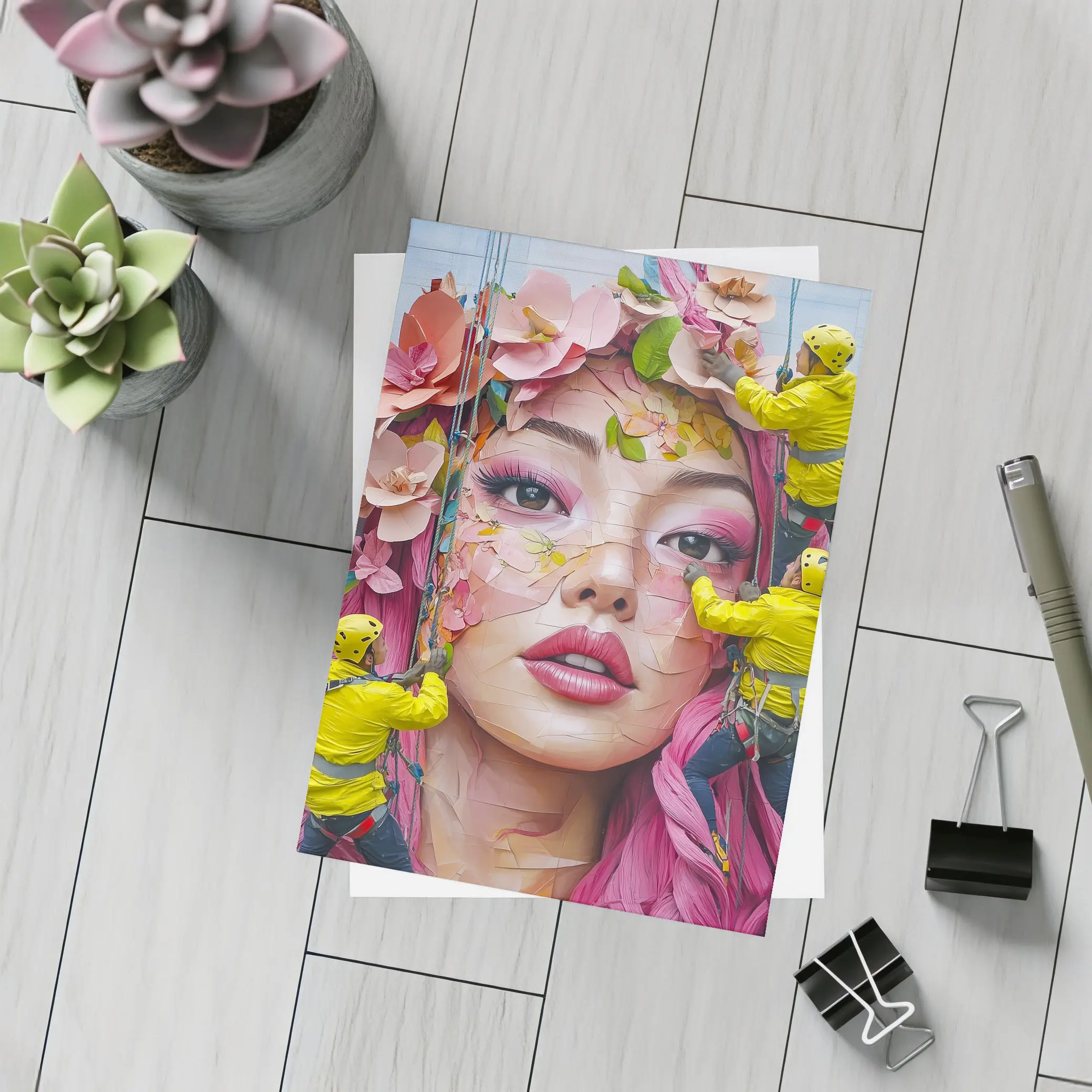 Street Mural Woman Pink Hair Floral Workers – Postcards