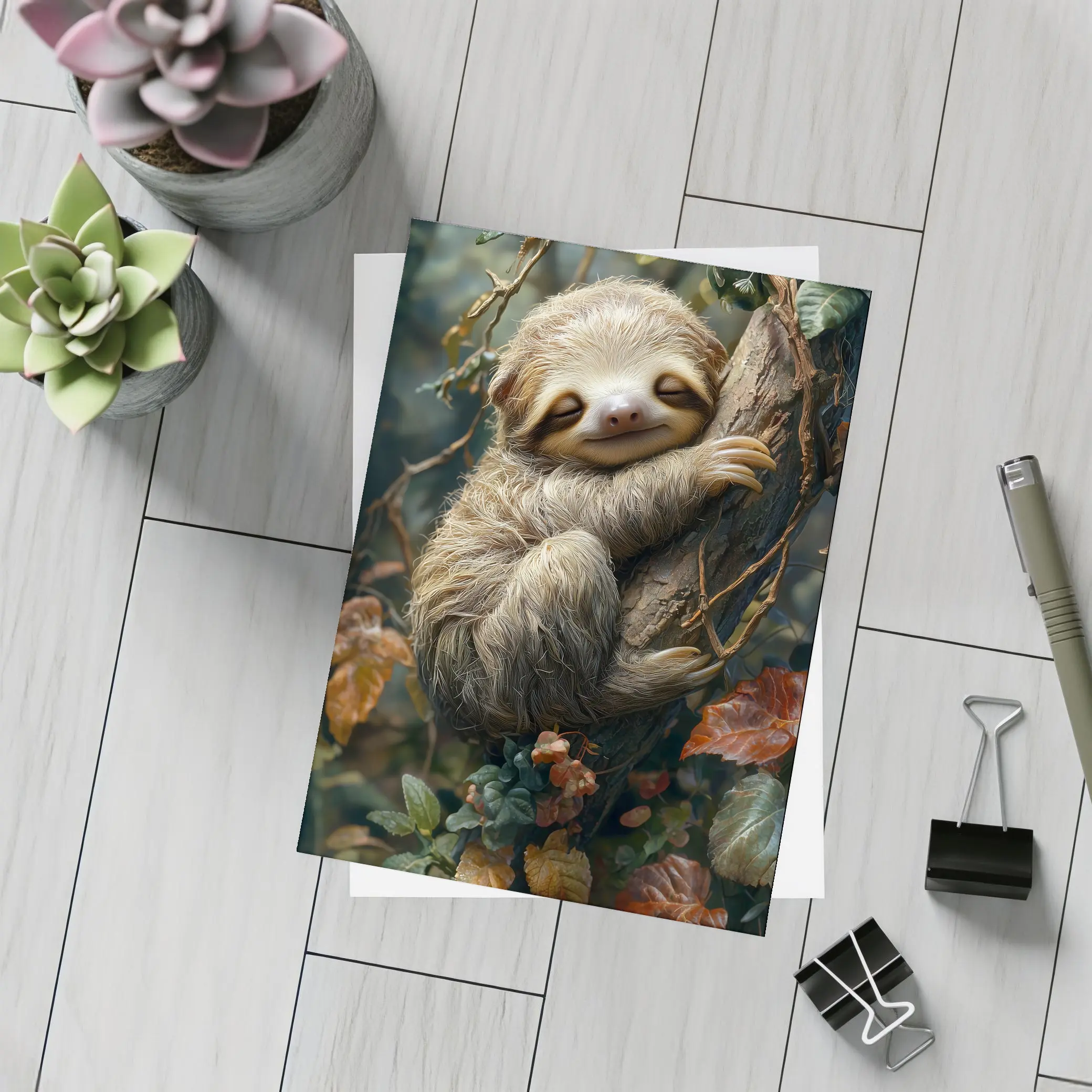 Happy Baby Sloth Clinging Forest Tree – Postcards