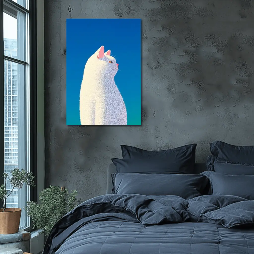 White Cat Sitting Against Blue Sky – Wall Art