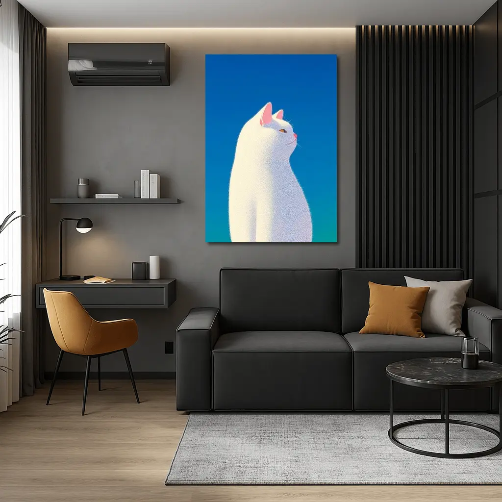 White Cat Sitting Against Blue Sky – Wall Art