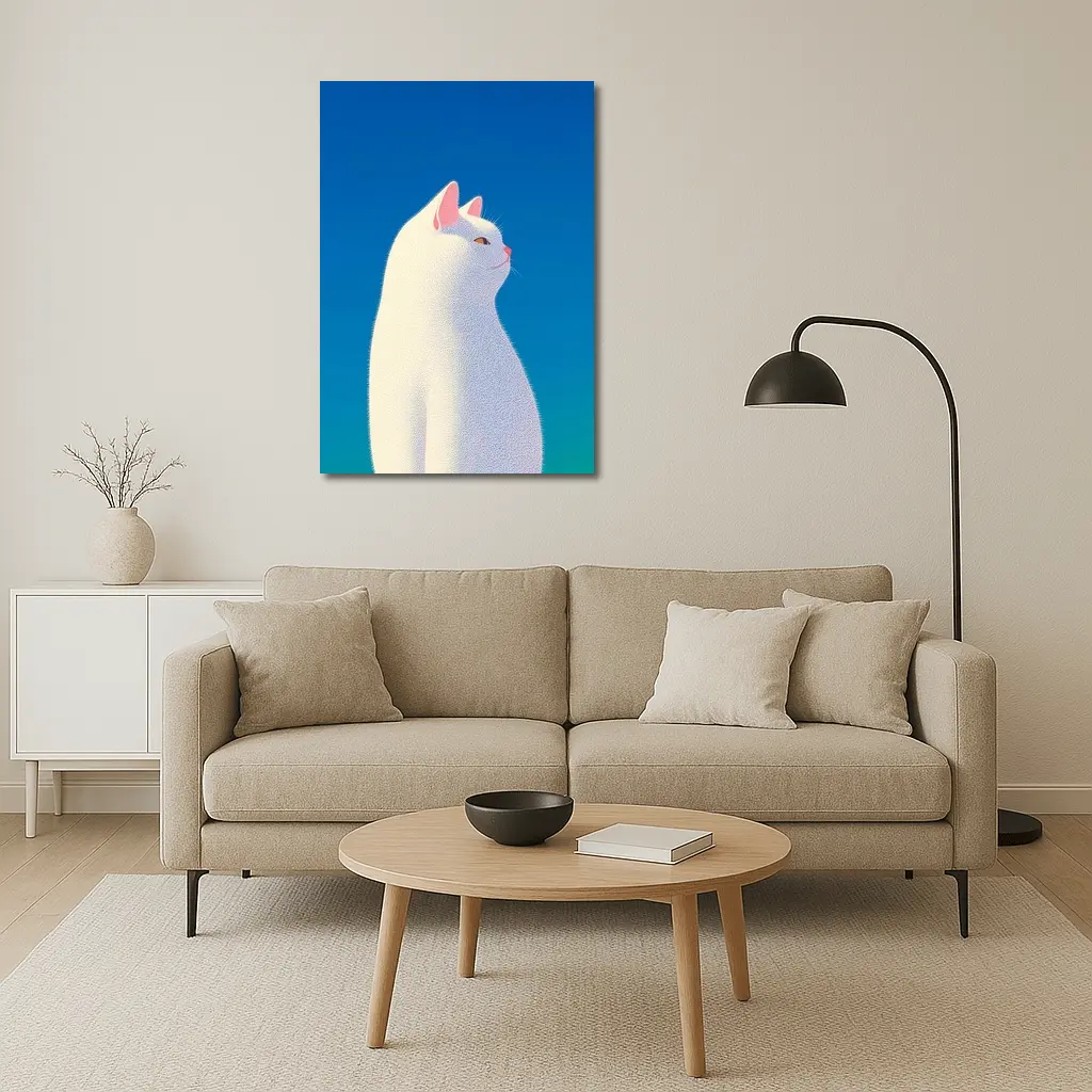 White Cat Sitting Against Blue Sky – Wall Art