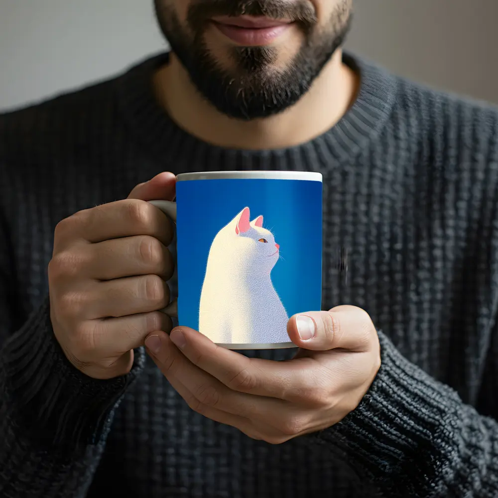 White Cat Sitting Against Blue Sky – Mugs