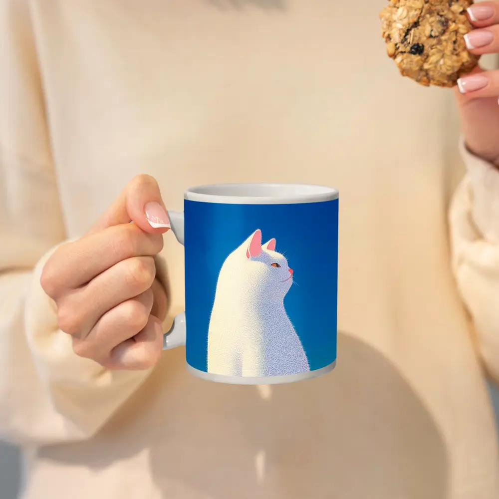 White Cat Sitting Against Blue Sky – Mugs