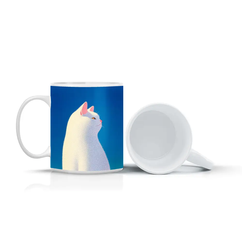 White Cat Sitting Against Blue Sky – Mugs