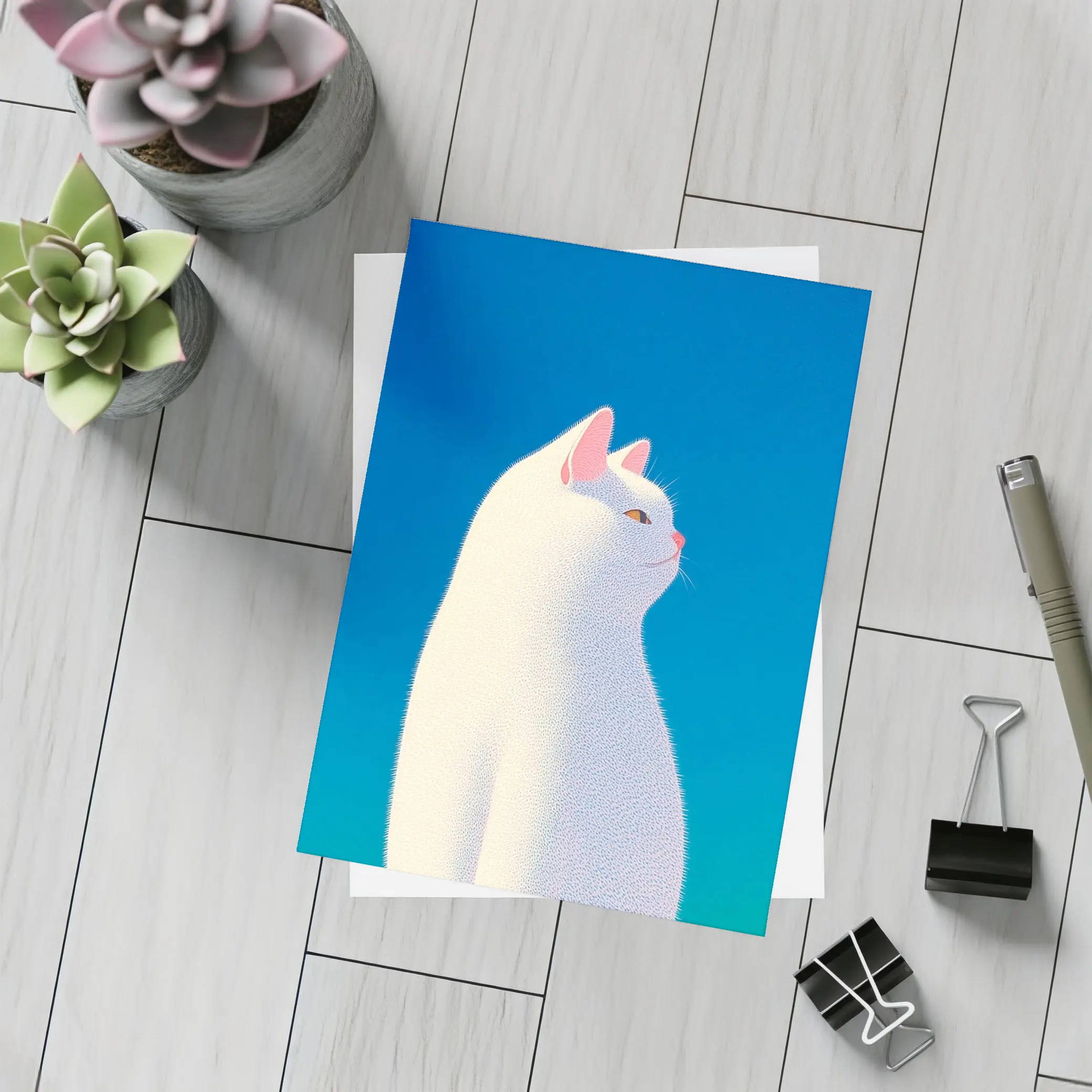 White Cat Sitting Against Blue Sky – Postcards