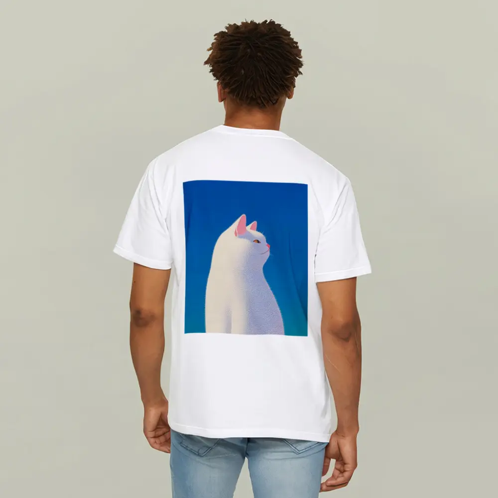 White Cat Sitting Against Blue Sky – T-Shirts