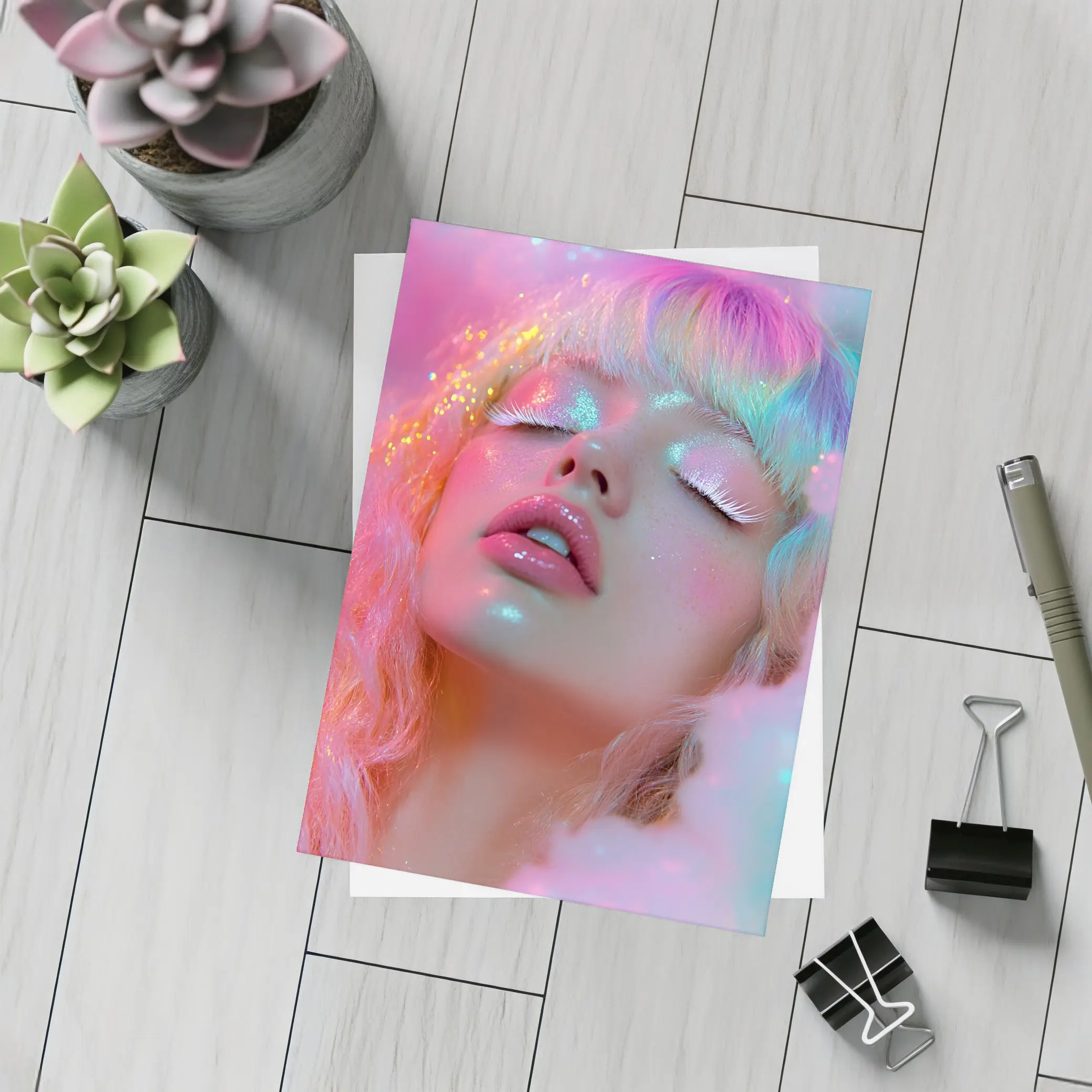 Pastel Rainbow Hair Woman Glitter Fantasy – Postcards