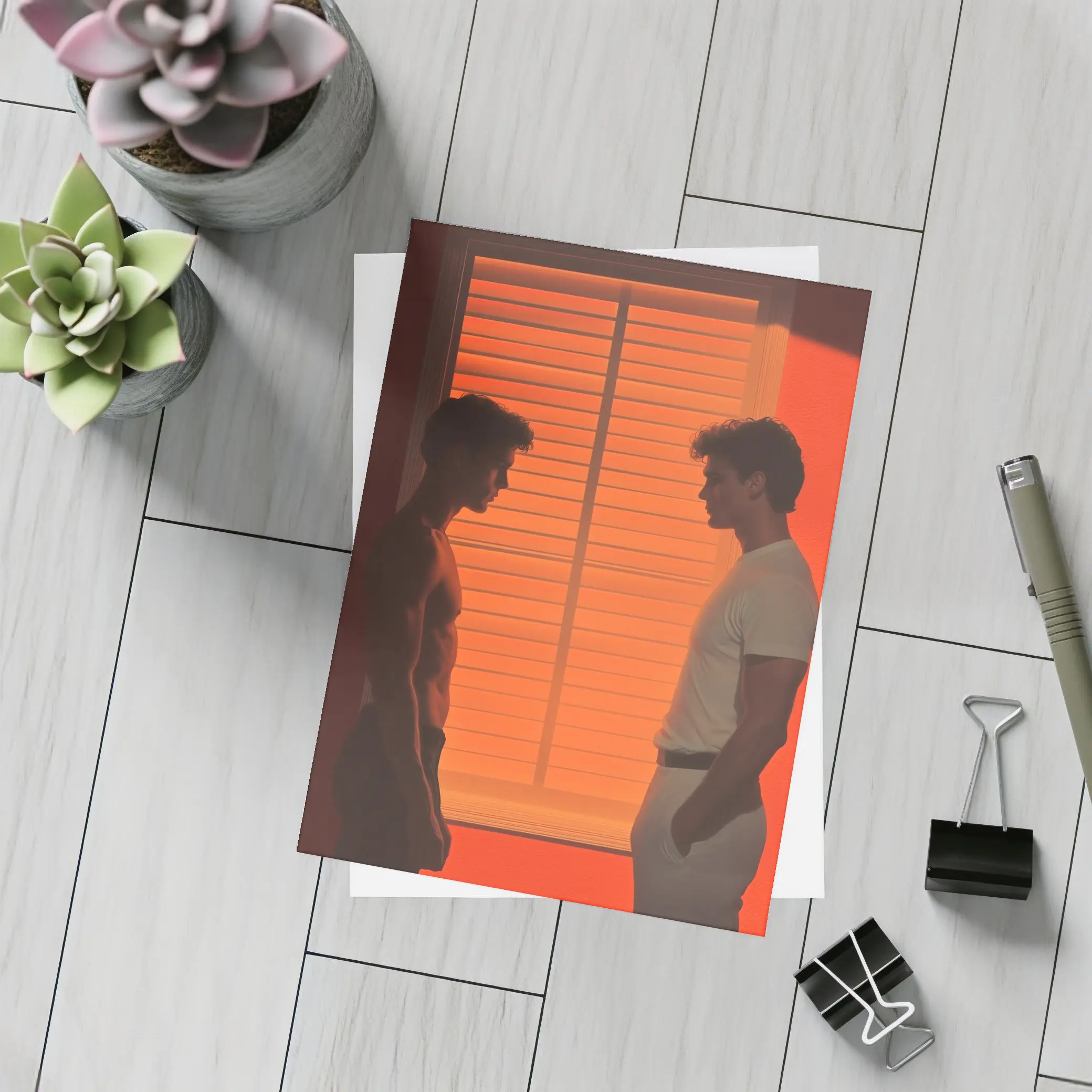 Two Men Facing Each Other Orange Room – Postcards