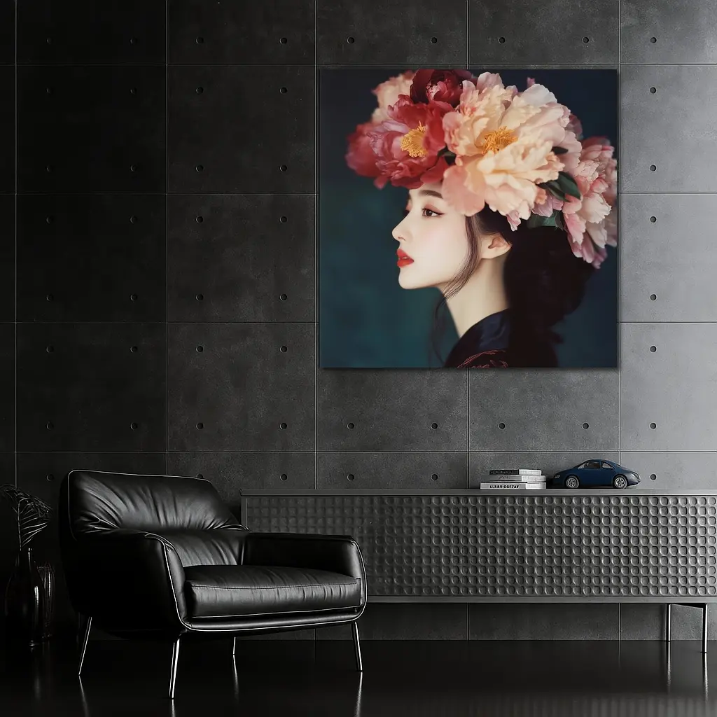Woman Profile Peony Flower Crown Dark Background – Wall Art