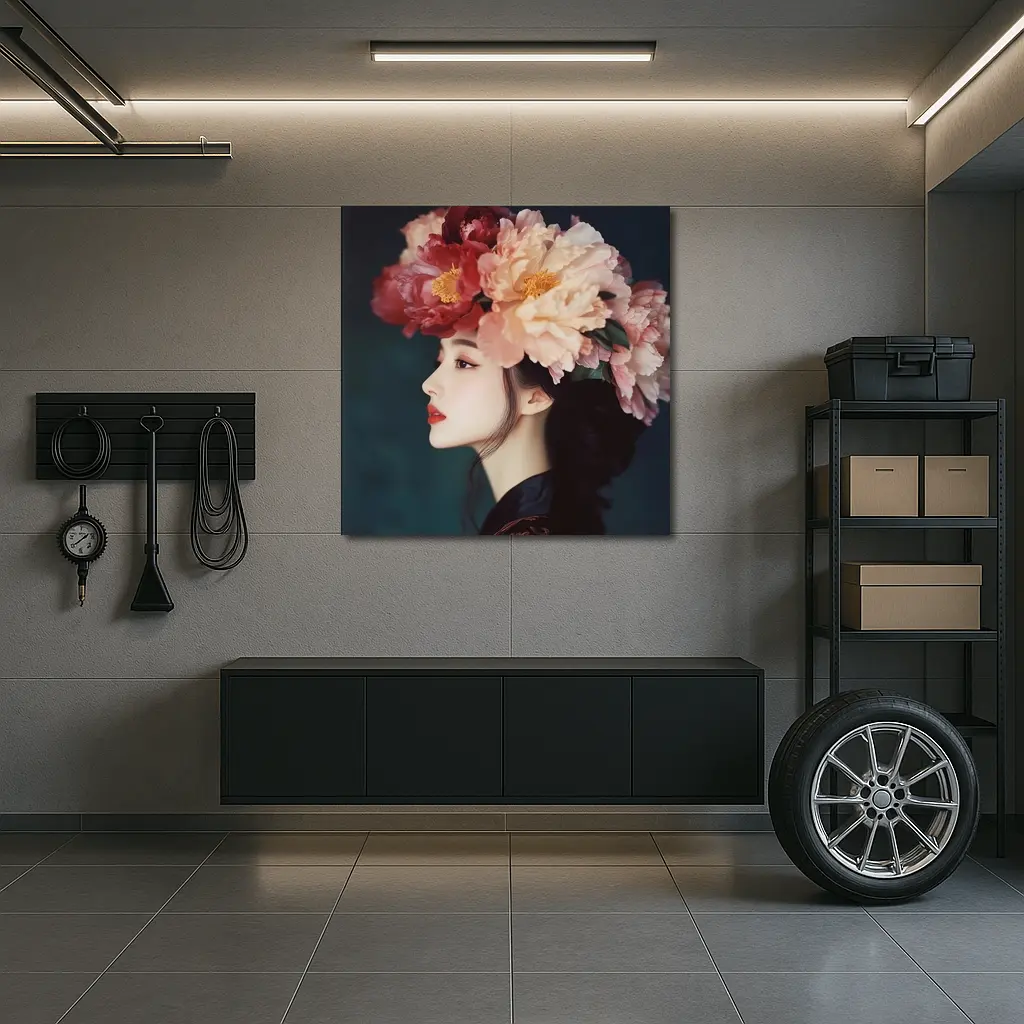 Woman Profile Peony Flower Crown Dark Background – Wall Art