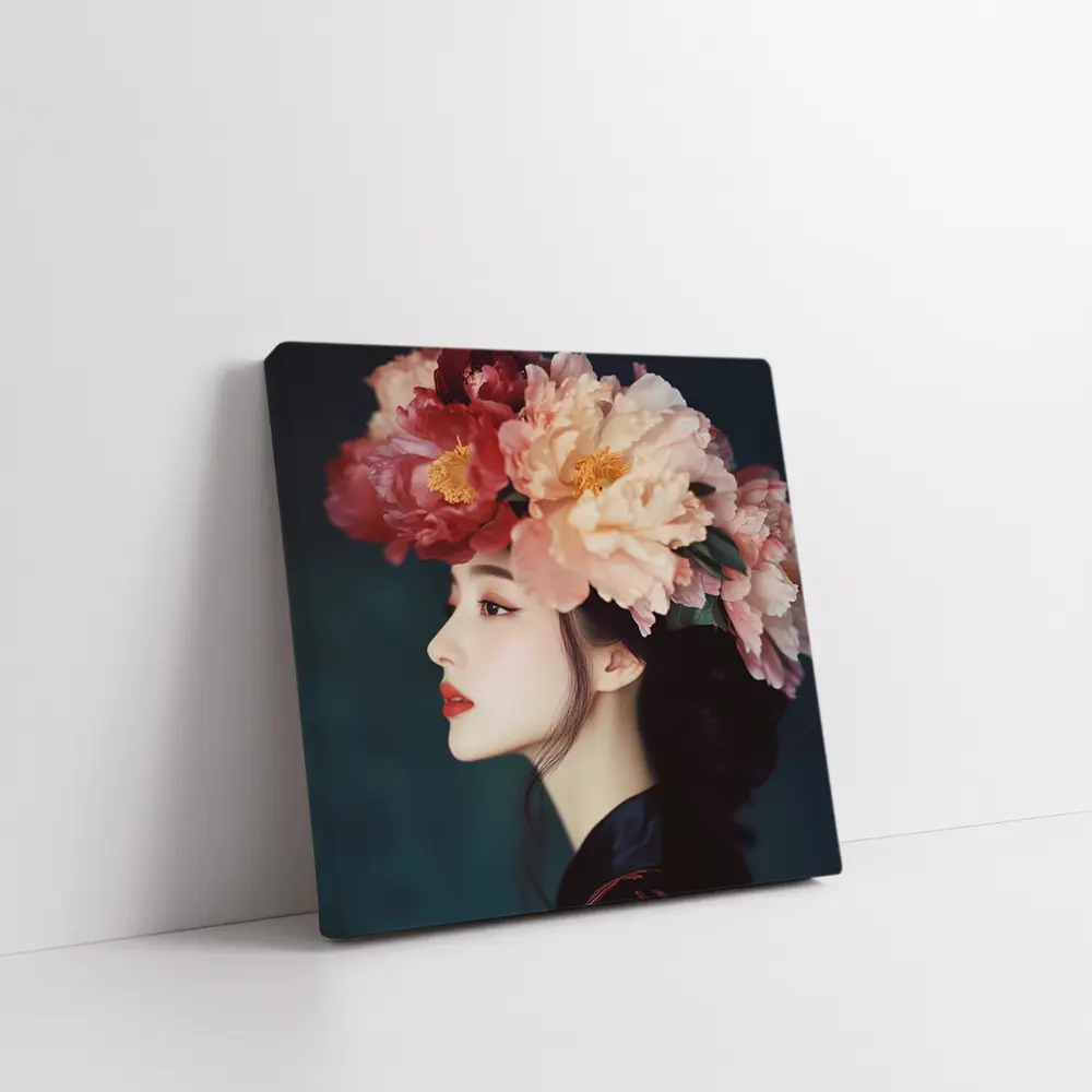 Woman Profile Peony Flower Crown Dark Background – Wall Art