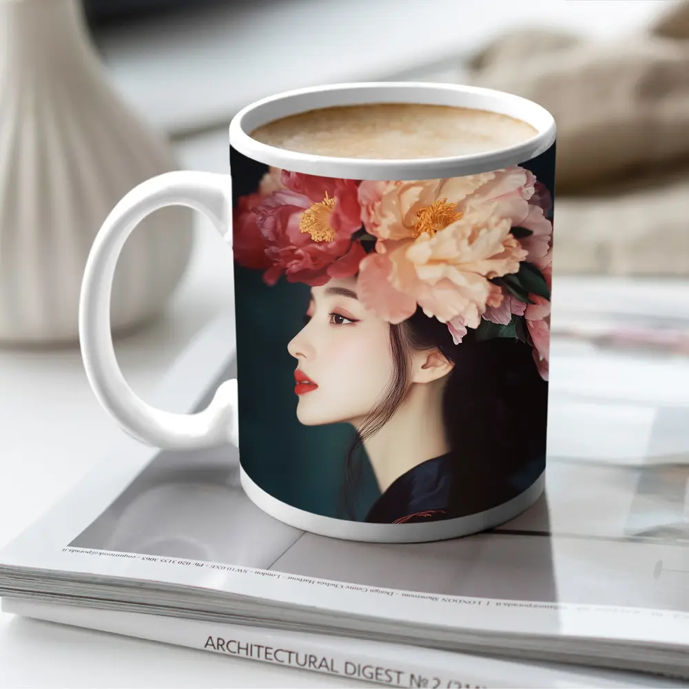Woman Profile Peony Flower Crown Dark Background – Mugs