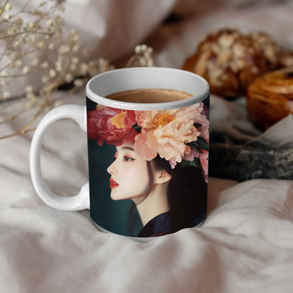 Woman Profile Peony Flower Crown Dark Background – Mugs