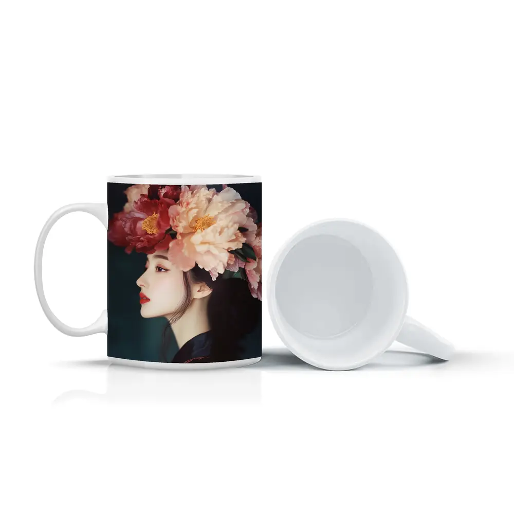 Woman Profile Peony Flower Crown Dark Background – Mugs