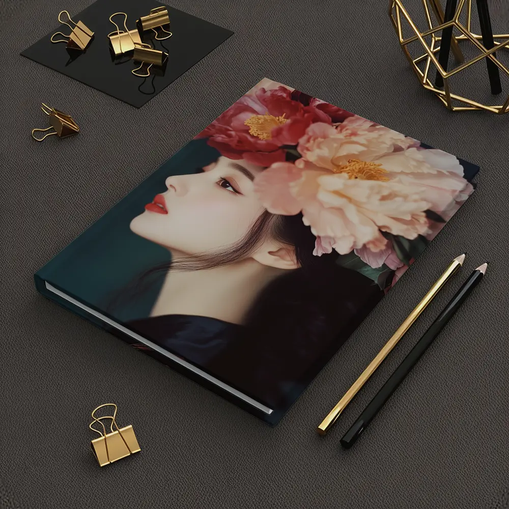 Woman Profile Peony Flower Crown Dark Background – Notebooks
