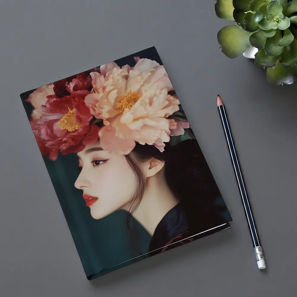 Woman Profile Peony Flower Crown Dark Background – Notebooks