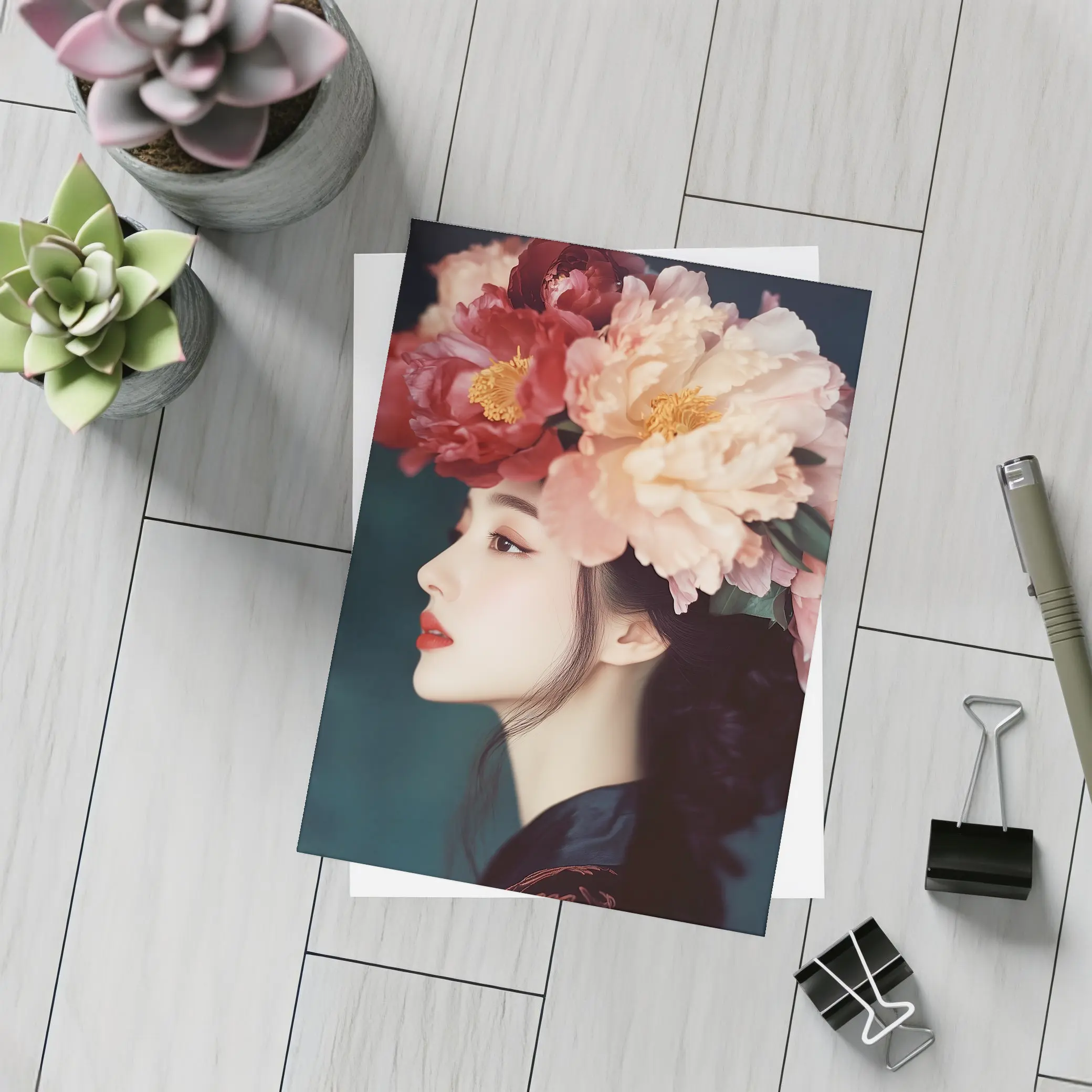 Woman Profile Peony Flower Crown Dark Background – Postcards