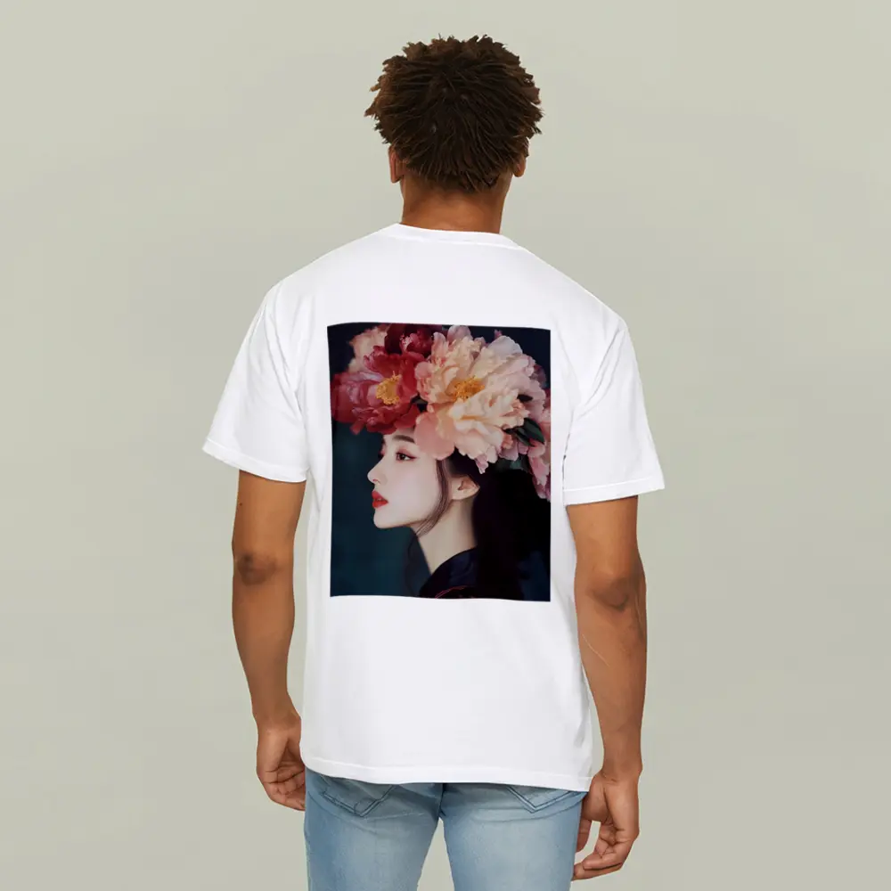 Woman Profile Peony Flower Crown Dark Background – T-Shirts