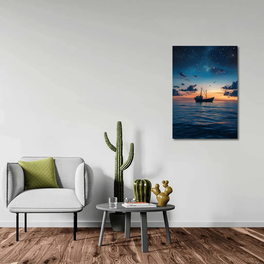 Fishing Boat Sailing Under Starry Night Sky – Wall Art