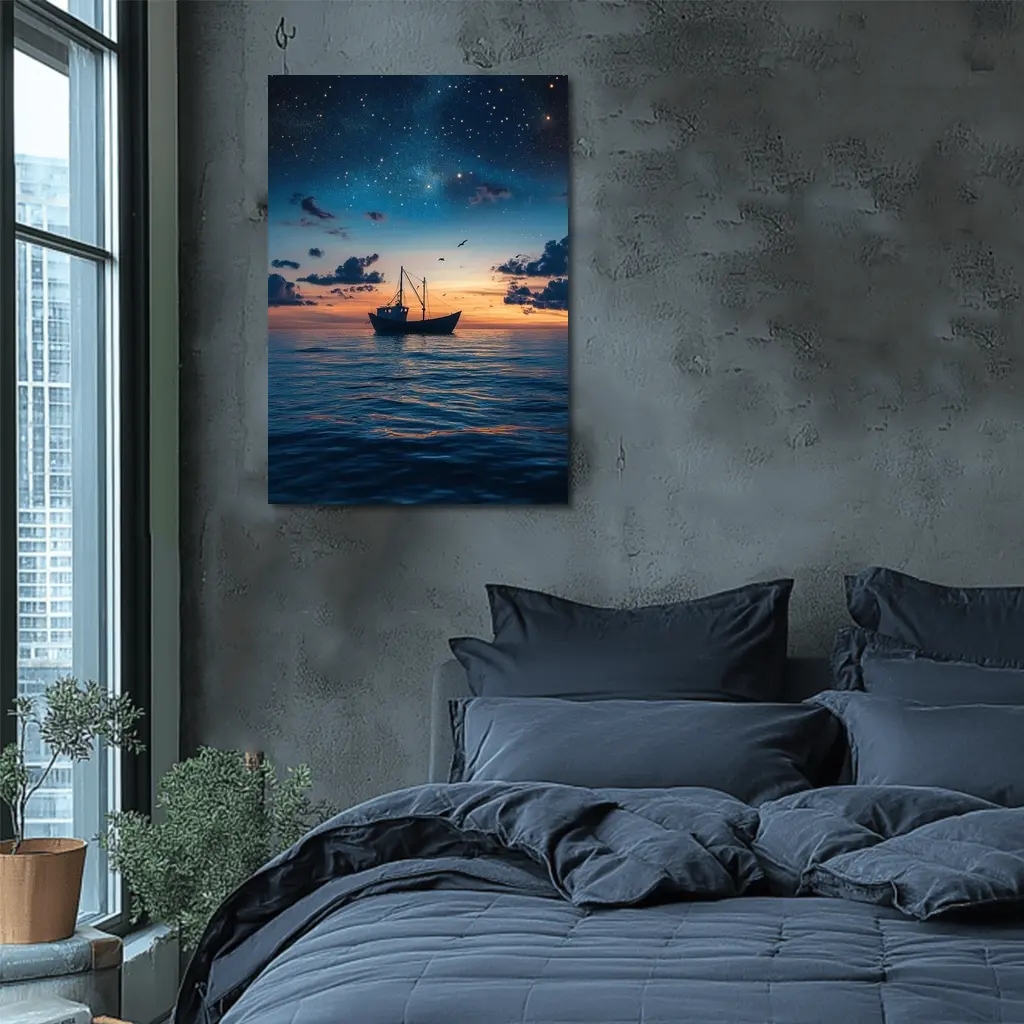 Fishing Boat Sailing Under Starry Night Sky – Wall Art