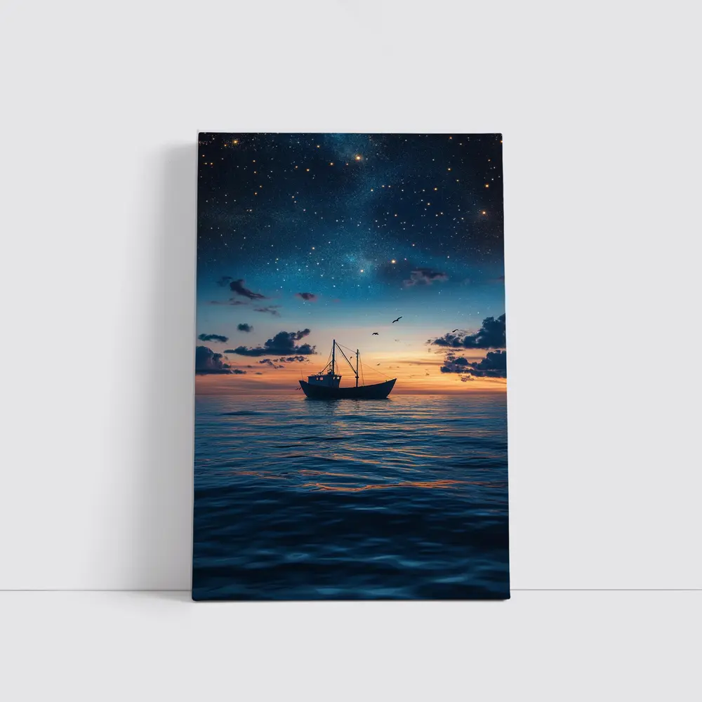 Fishing Boat Sailing Under Starry Night Sky – Wall Art