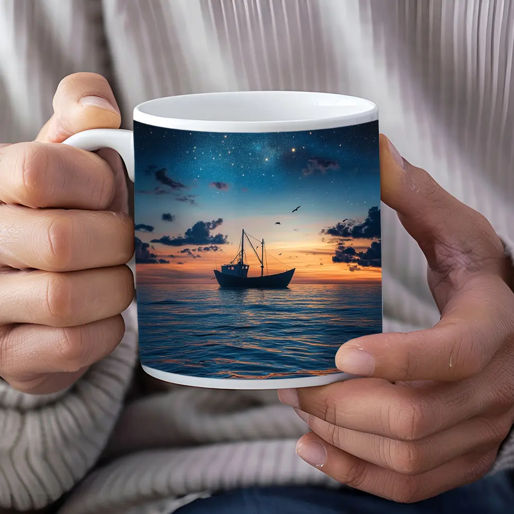 Fishing Boat Sailing Under Starry Night Sky – Mugs