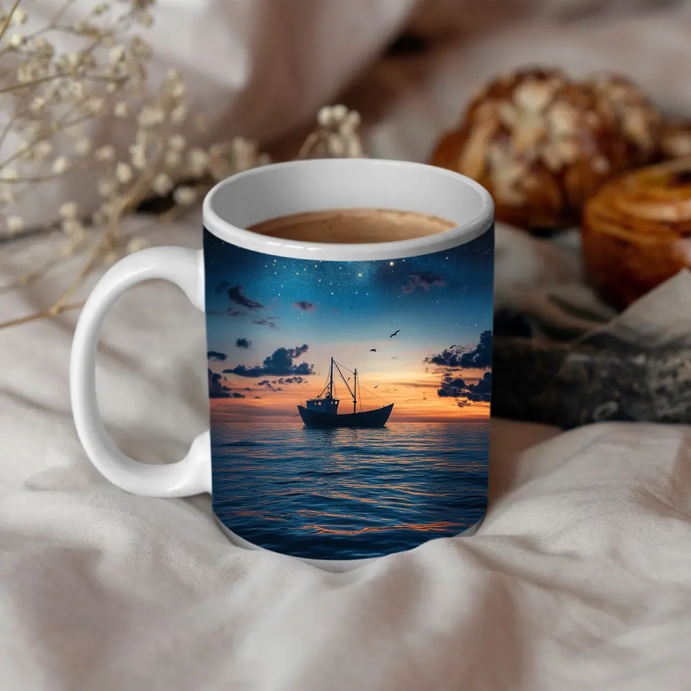 Fishing Boat Sailing Under Starry Night Sky – Mugs