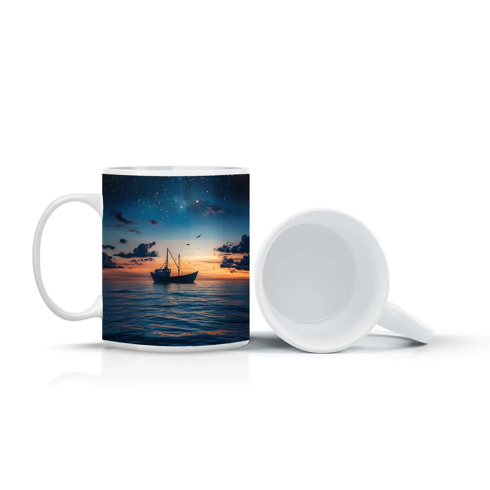 Fishing Boat Sailing Under Starry Night Sky – Mugs