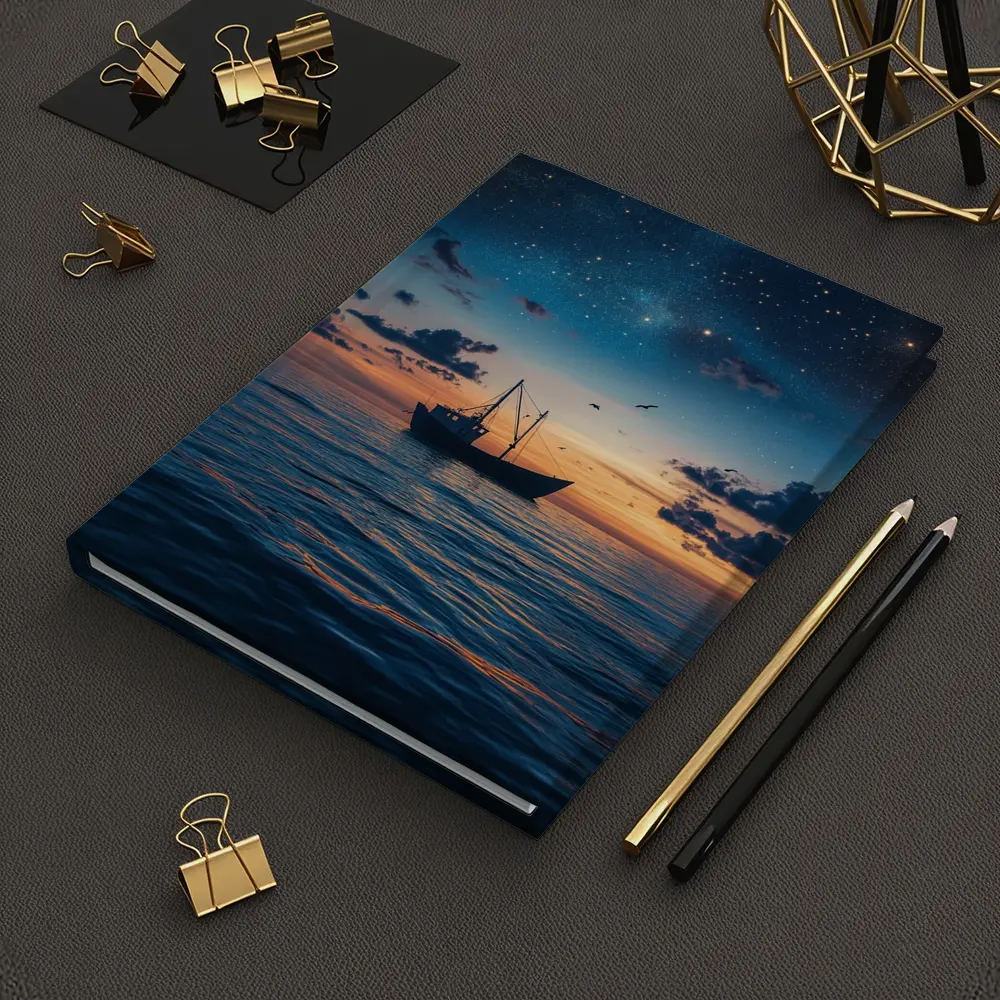 Fishing Boat Sailing Under Starry Night Sky – Notebooks