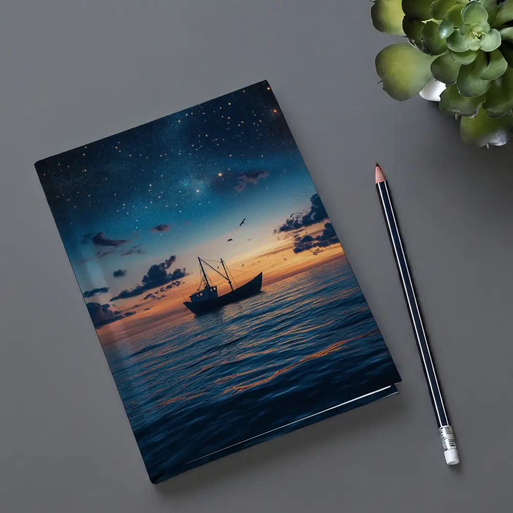 Fishing Boat Sailing Under Starry Night Sky – Notebooks