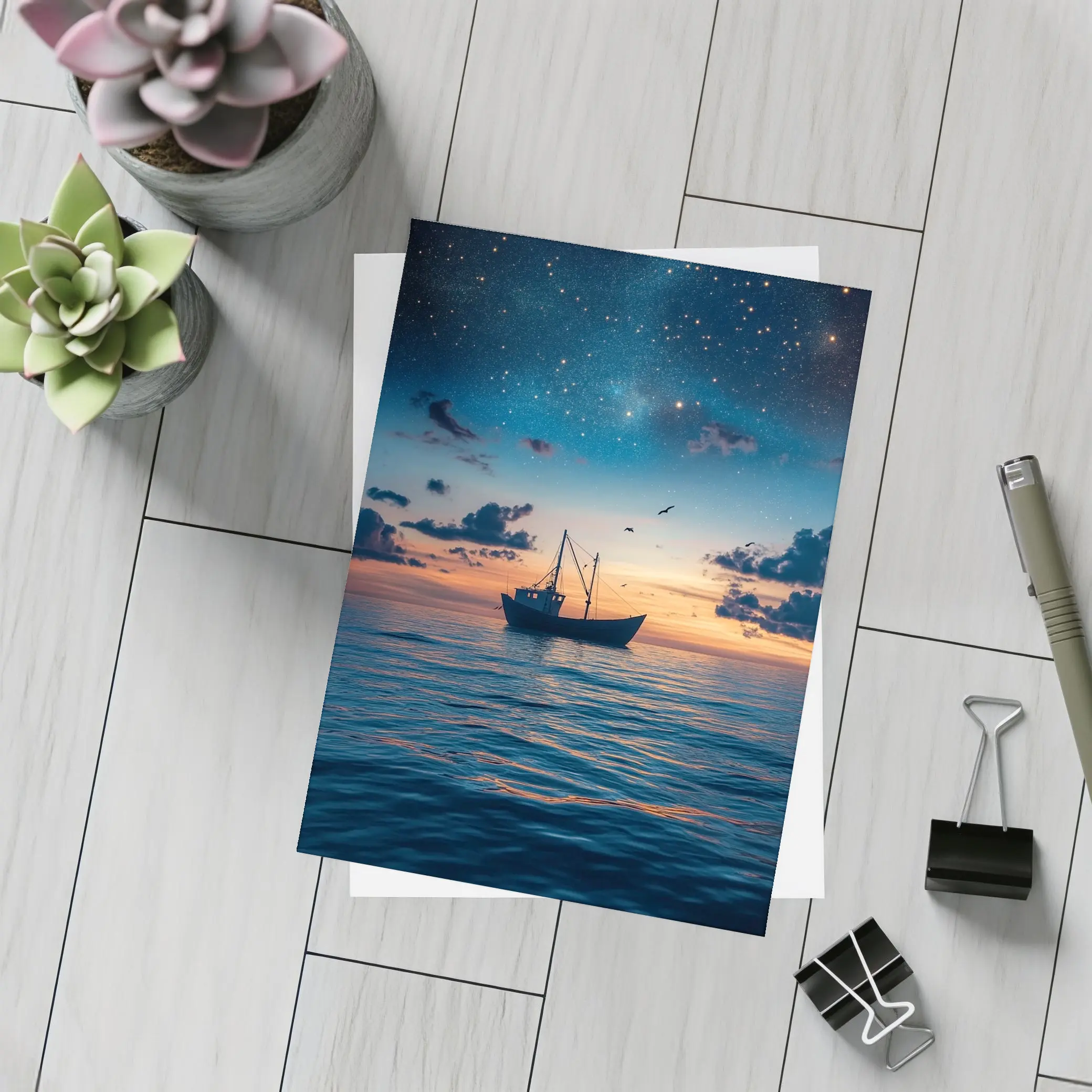 Fishing Boat Sailing Under Starry Night Sky – Postcards