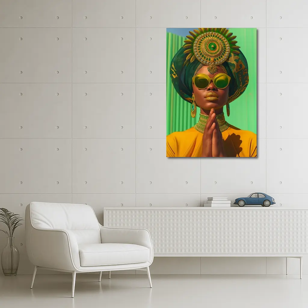 African Woman Gold Jewelry Green Headpiece – Wall Art