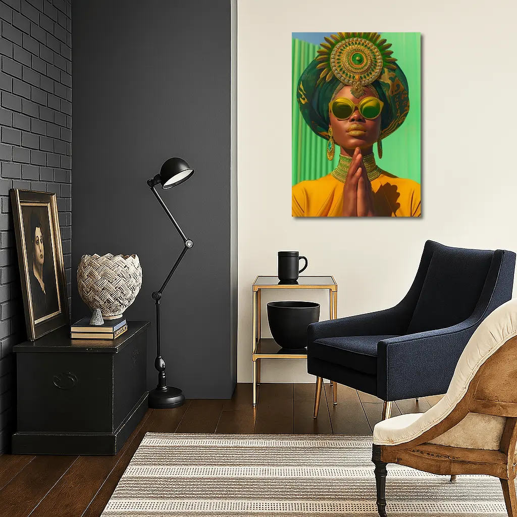 African Woman Gold Jewelry Green Headpiece – Wall Art