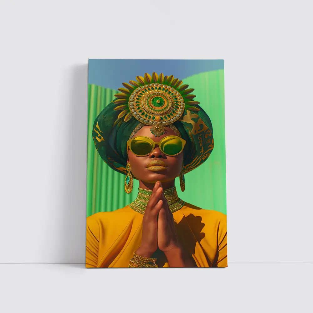 African Woman Gold Jewelry Green Headpiece – Wall Art