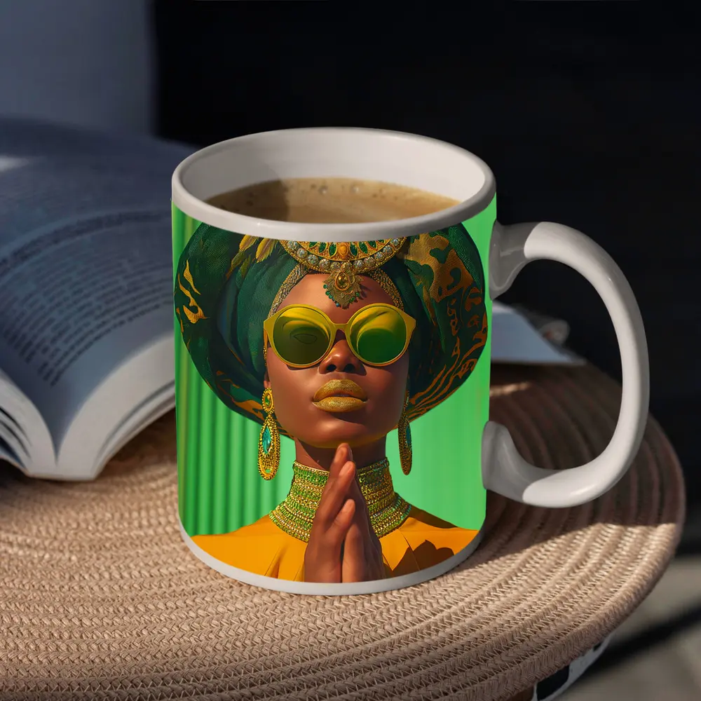 African Woman Gold Jewelry Green Headpiece – Mugs