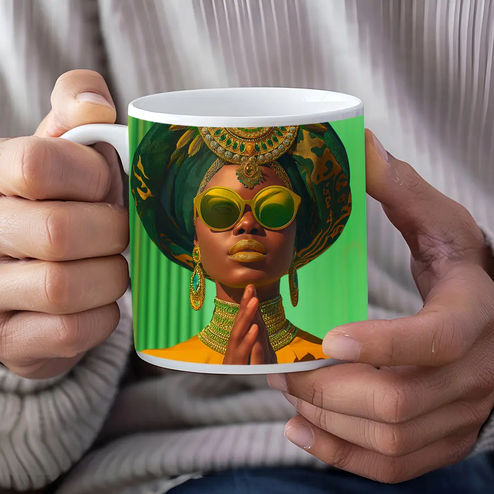 African Woman Gold Jewelry Green Headpiece – Mugs
