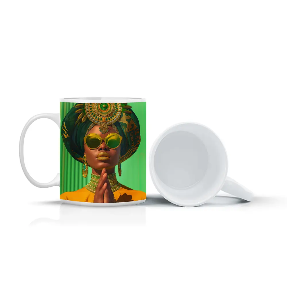 African Woman Gold Jewelry Green Headpiece – Mugs