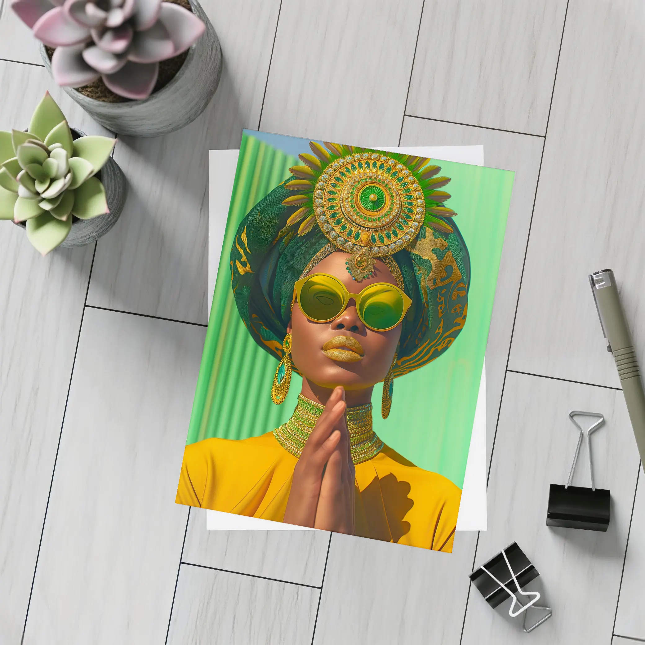 African Woman Gold Jewelry Green Headpiece – Postcards