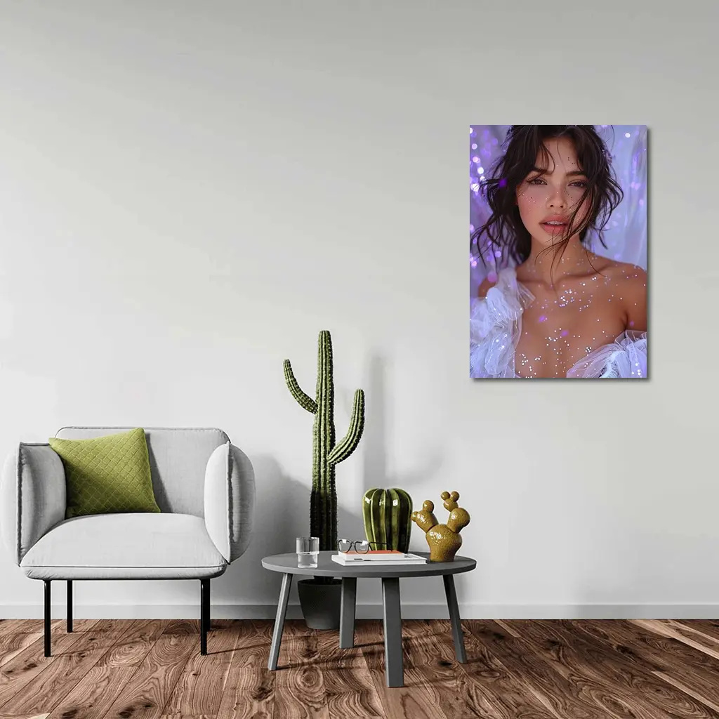 Woman With Glitter Purple Bokeh Background – Wall Art
