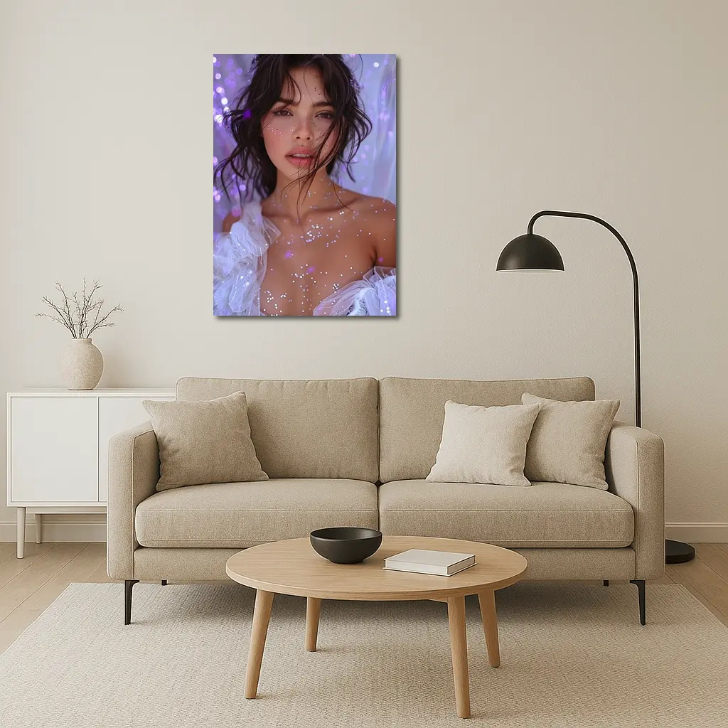 Woman With Glitter Purple Bokeh Background – Wall Art