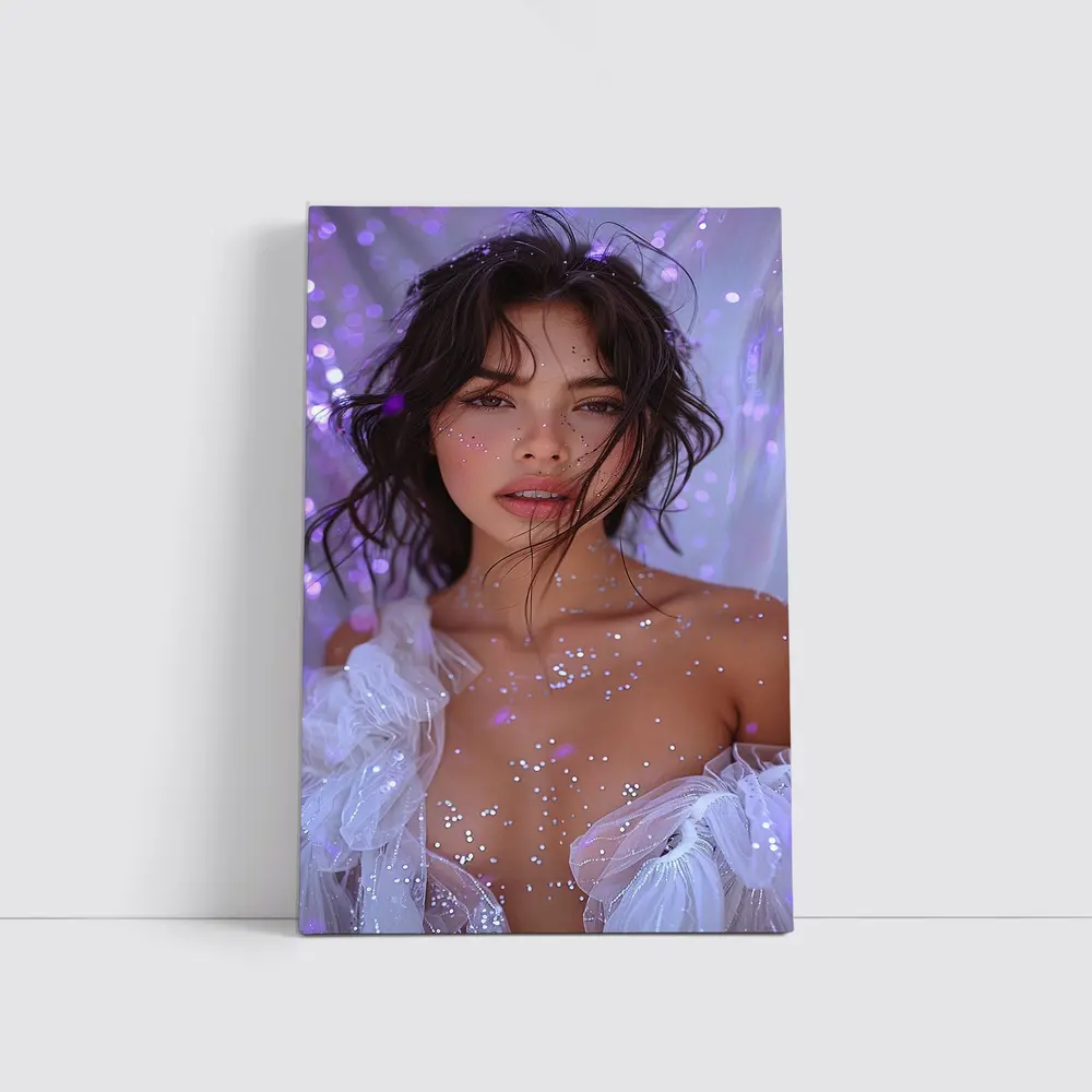 Woman With Glitter Purple Bokeh Background – Wall Art
