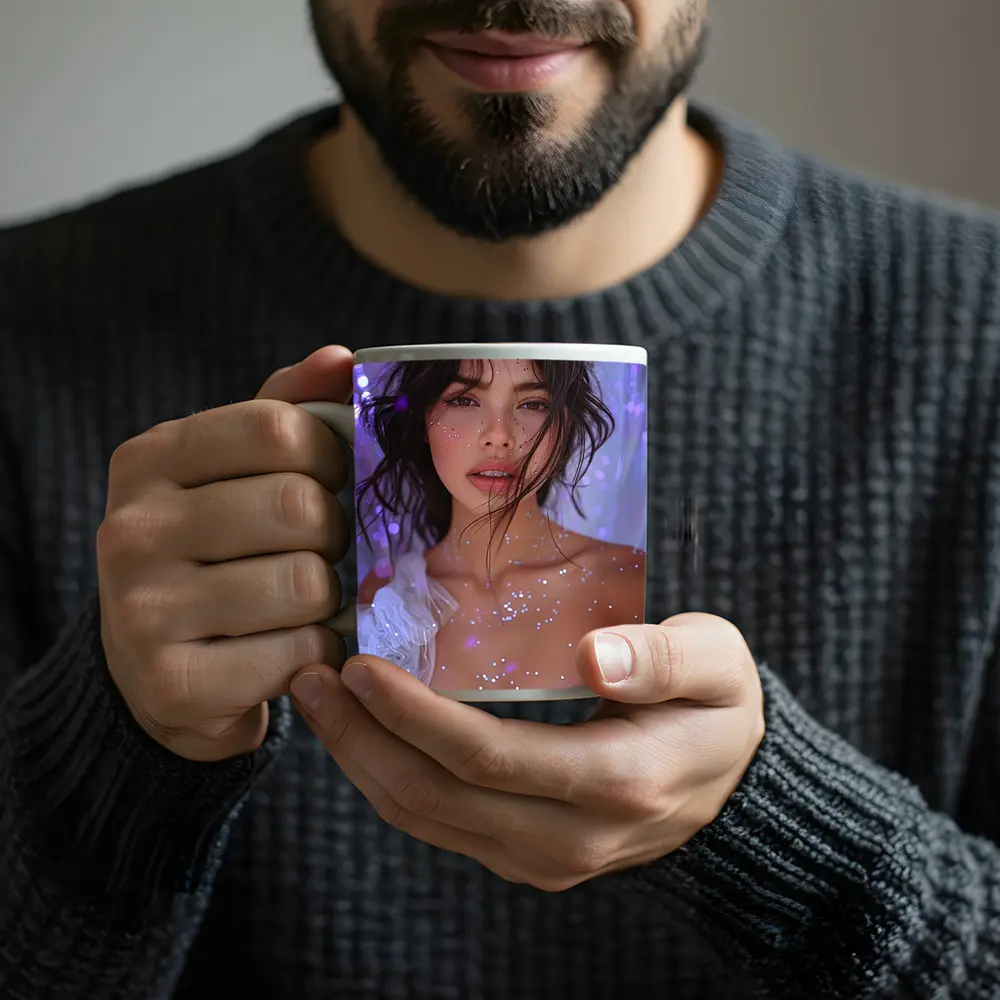 Woman With Glitter Purple Bokeh Background – Mugs
