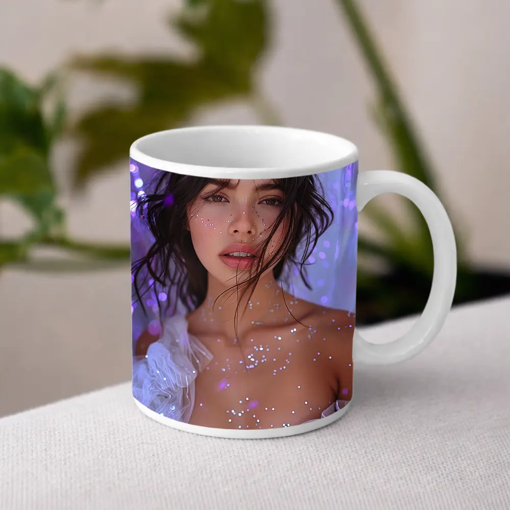 Woman With Glitter Purple Bokeh Background – Mugs